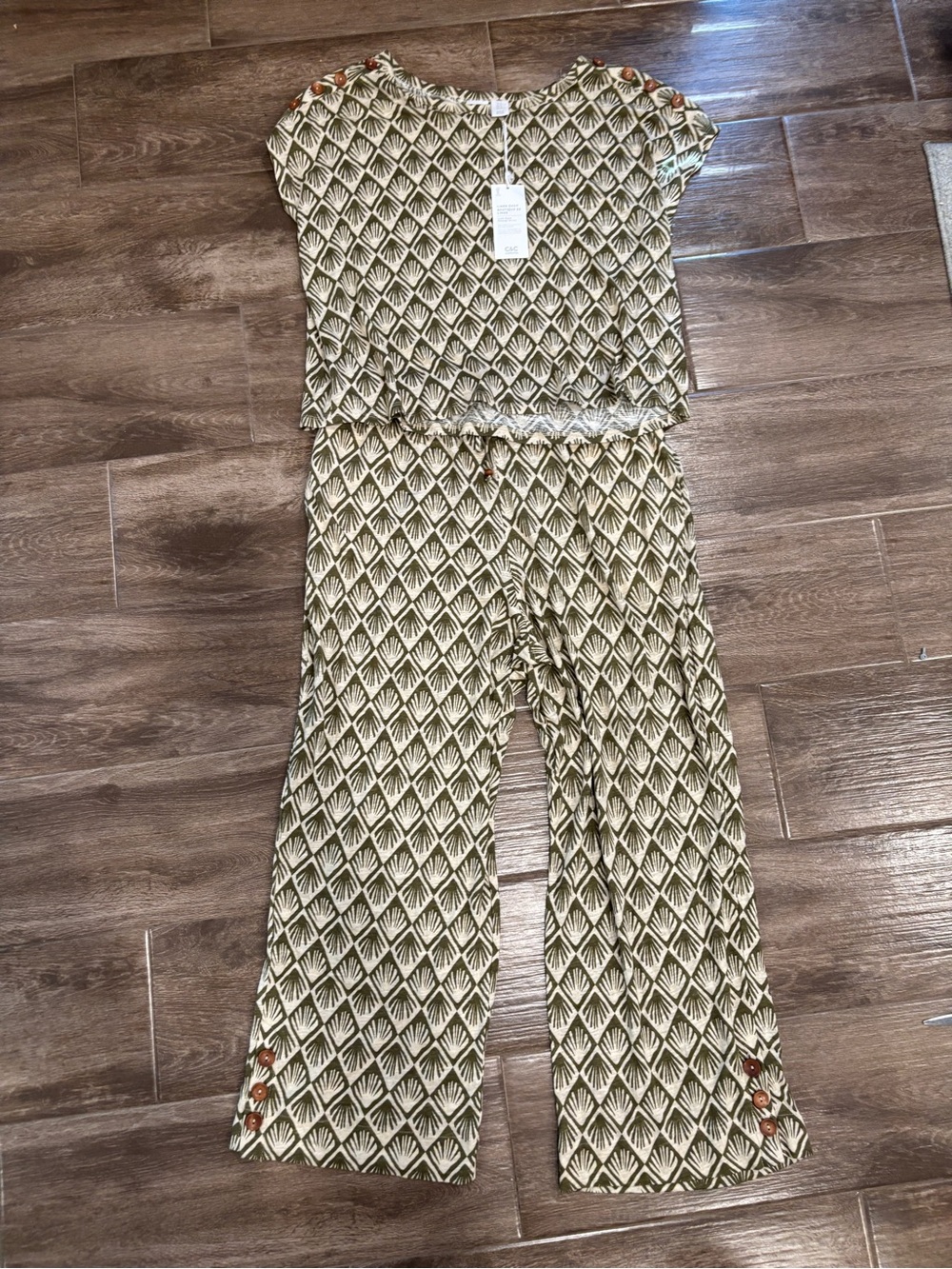 Women's Olive Geometric Linen Capri Set Size XL Relaxed High Waist Casual
